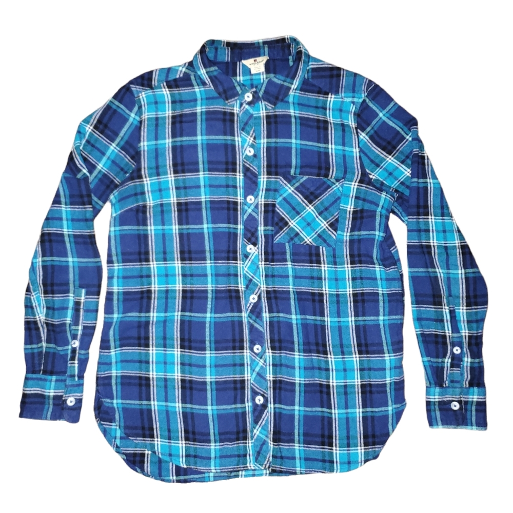 Woolrich Plaid Flannel Button Up Cotton Shirt Navy Blue Teal Womens Medium